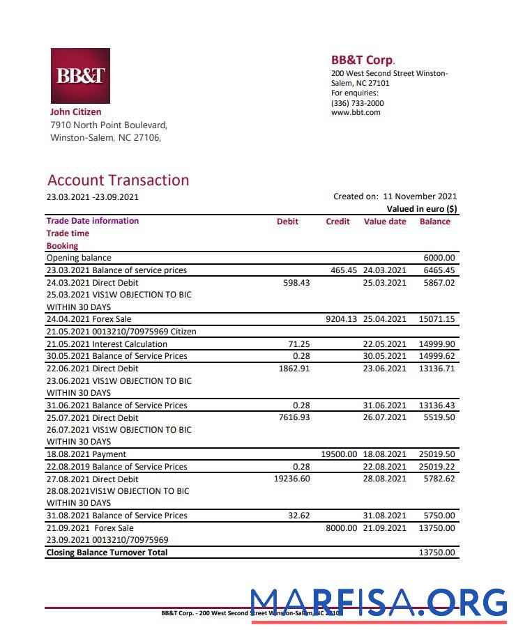 Printable USA North Carolina BB&T Corp. bank statement excel download for verification